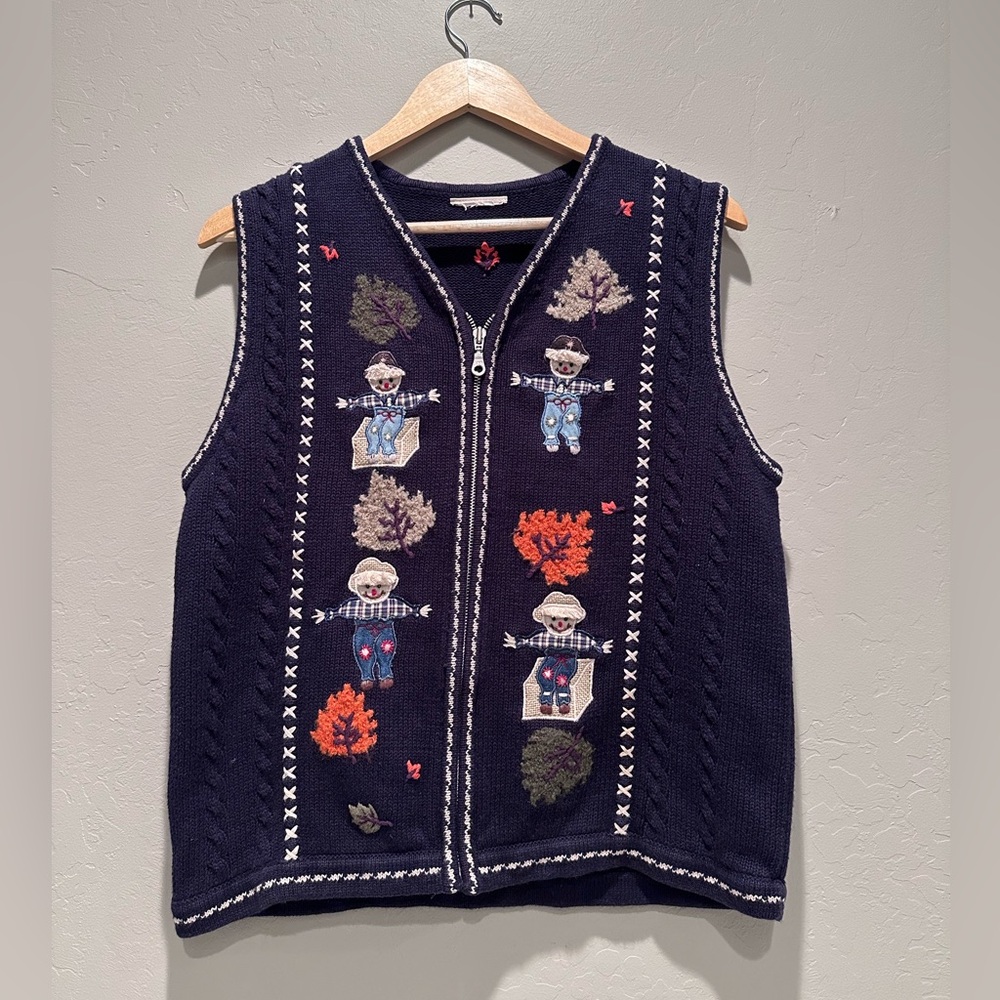 Vintage Northern Reflections Navy Blue‎ Fall Embroidered Scarecrow Vest